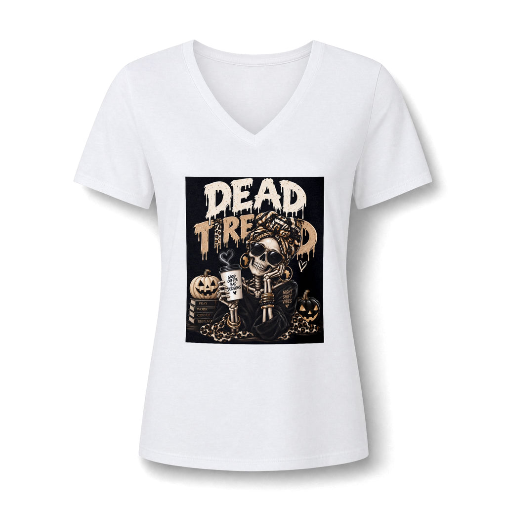 Dead Tired V-Neck Tee — Halloween Skull Coffee Graphic Women’s Tee