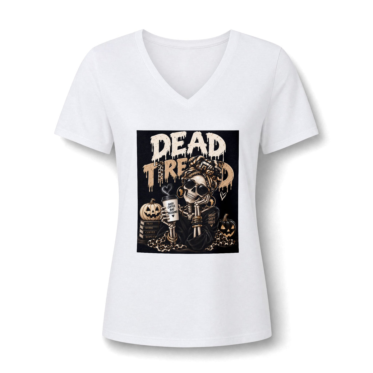 Dead Tired V-Neck Tee — Halloween Skull Coffee Graphic Women’s Tee