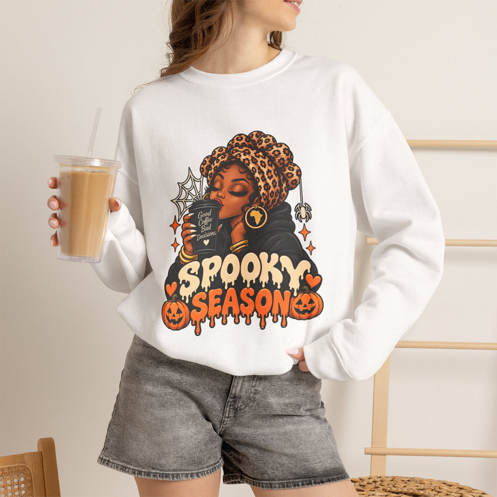 Spooky Season Crewneck Sweatshirt — Black Witch Pumpkin Halloween Graphic