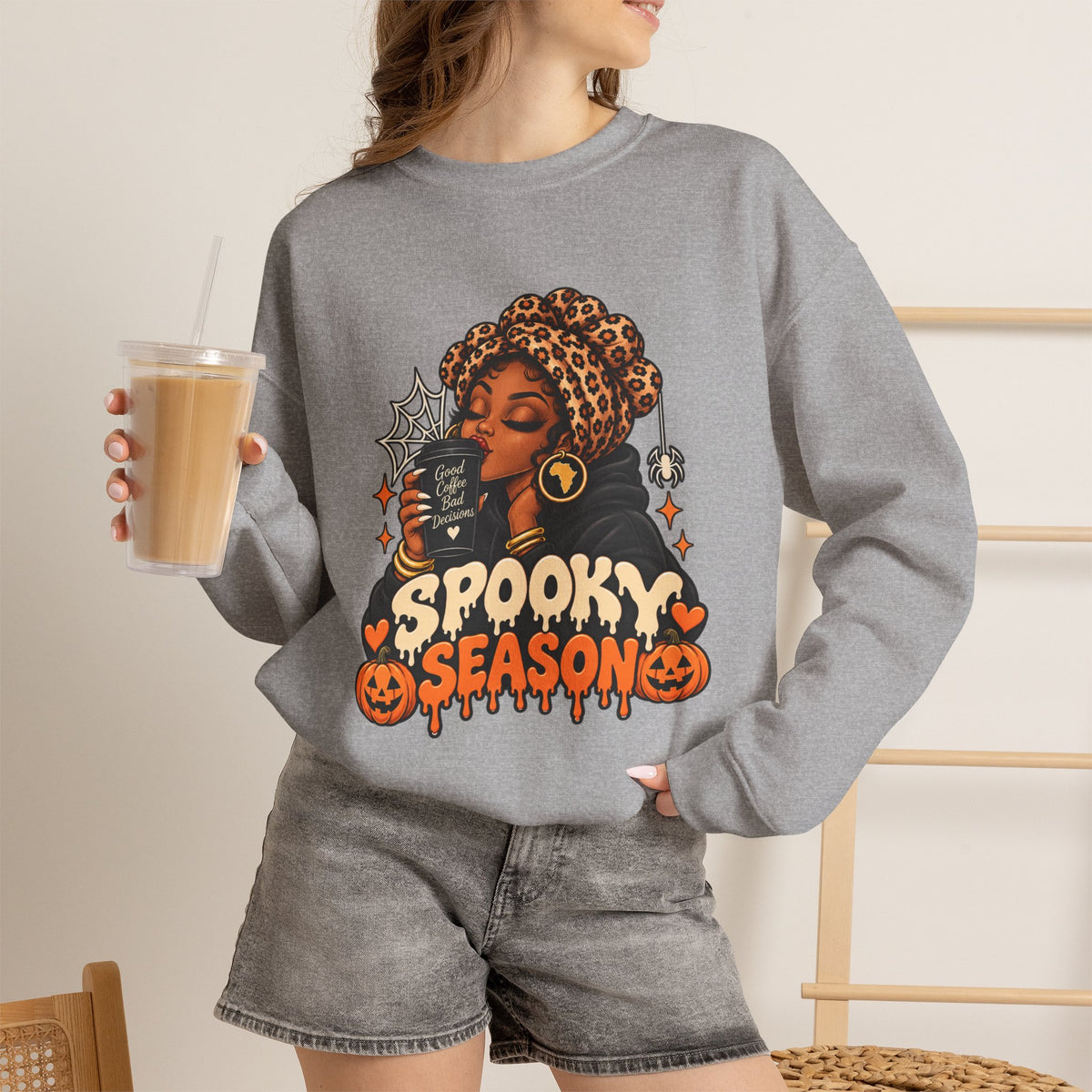 Spooky Season Crewneck Sweatshirt — Black Witch Pumpkin Halloween Graphic