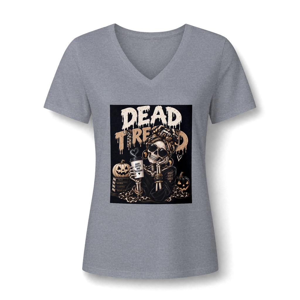 Dead Tired V-Neck Tee — Halloween Skull Coffee Graphic Women’s Tee