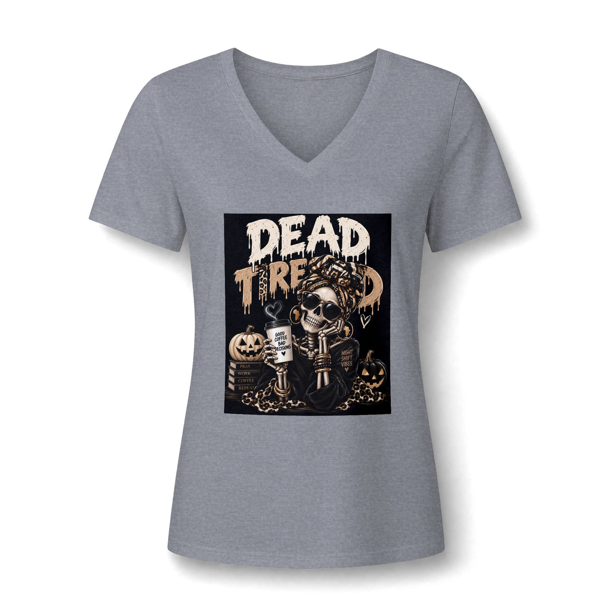 Dead Tired V-Neck Tee — Halloween Skull Coffee Graphic Women’s Tee