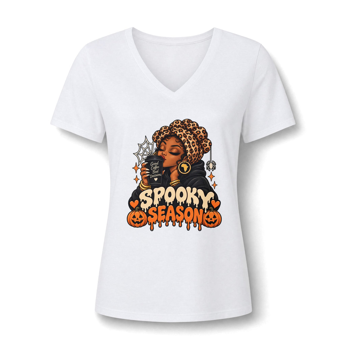 Spooky Season V-Neck Tee — Afro Woman Halloween Graphic
