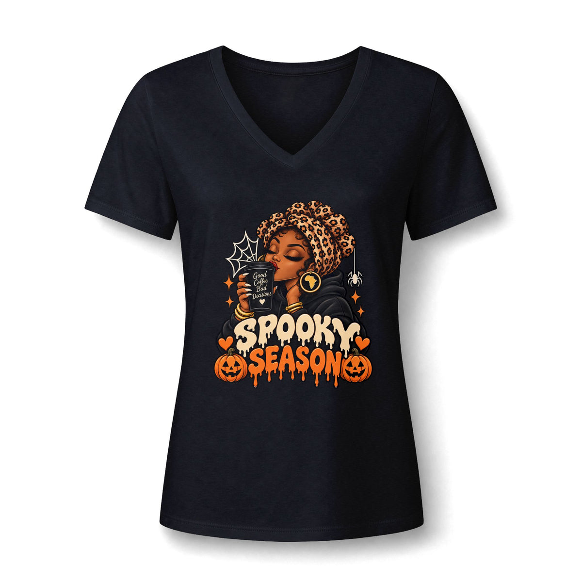 Spooky Season V-Neck Tee — Afro Woman Halloween Graphic