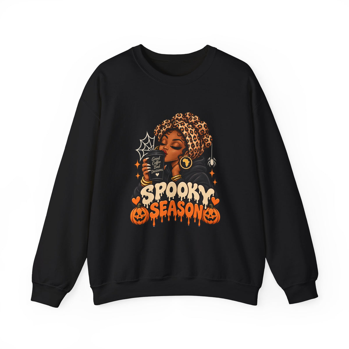 Spooky Season Crewneck Sweatshirt — Black Witch Pumpkin Halloween Graphic