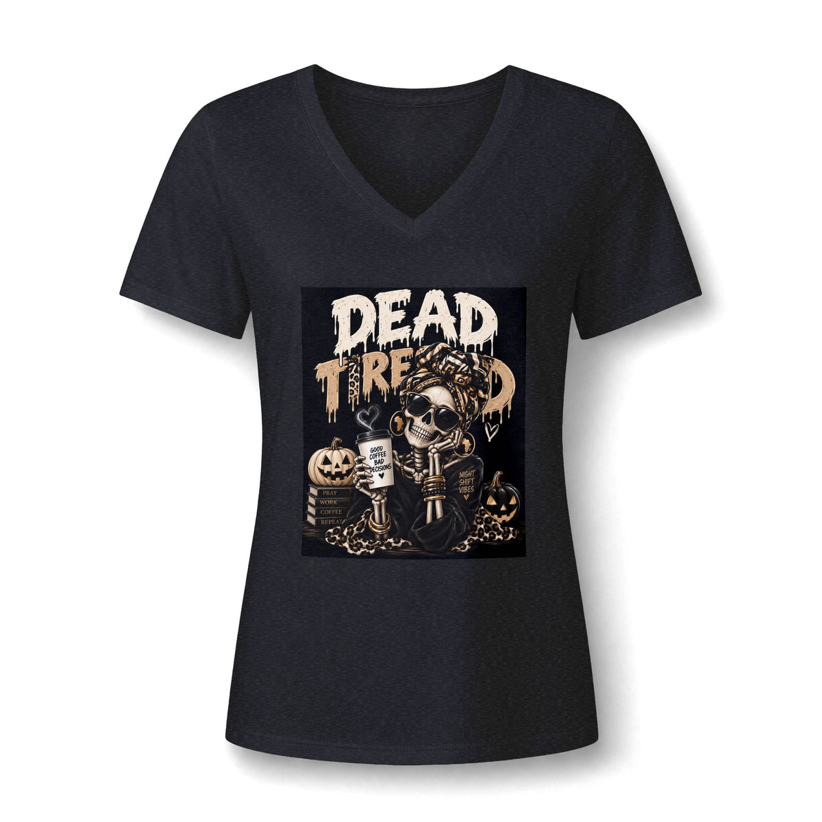 Dead Tired V-Neck Tee — Halloween Skull Coffee Graphic Women’s Tee